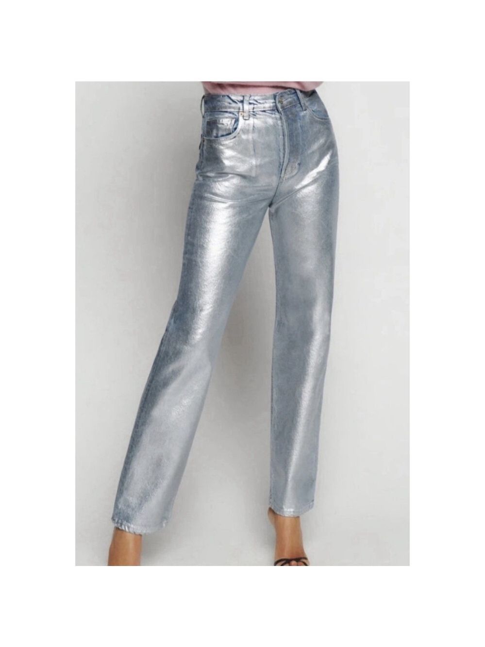 NWT Reformation Cynthia High Rise Straight Coated In Silver Size 26 Luxury $198